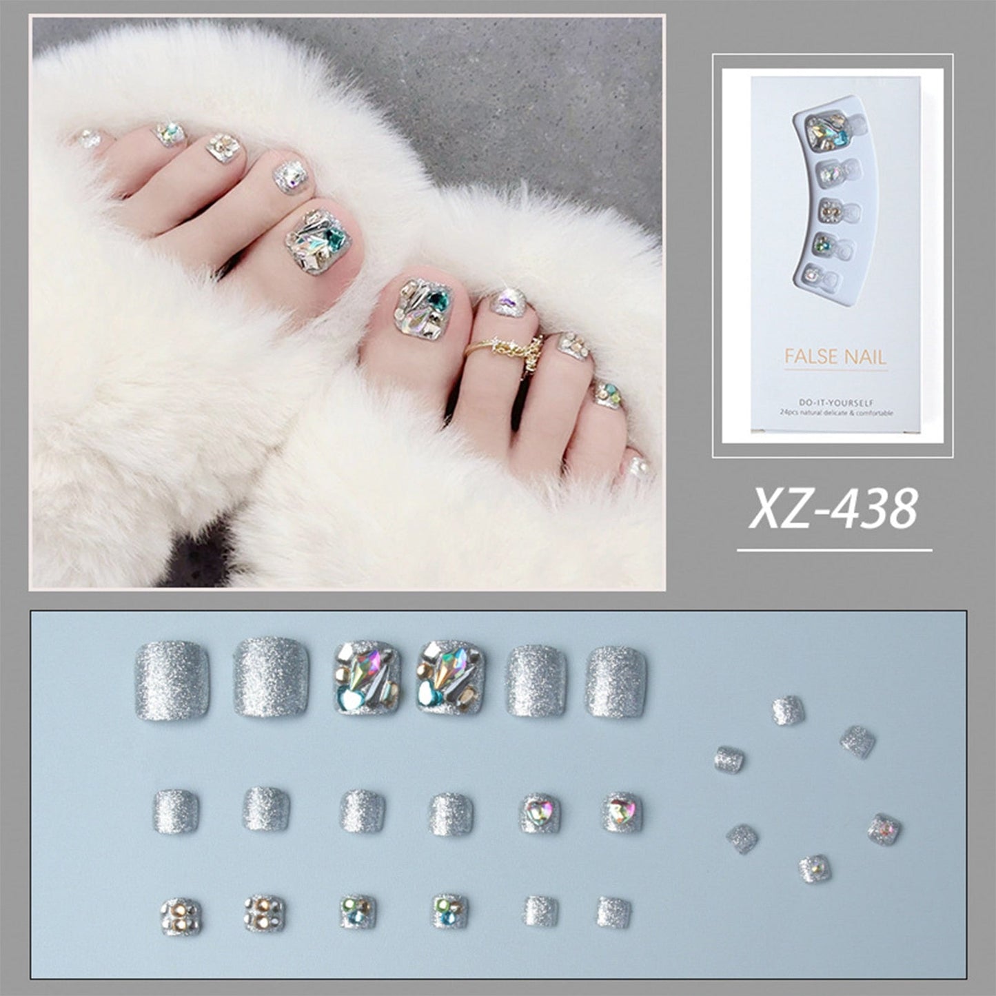 Summer Gold Full Diamond Feet Nails Press On Fake Glitter Toe Nail Stickers Full Cover Toe Nail Tips False Foot Nails