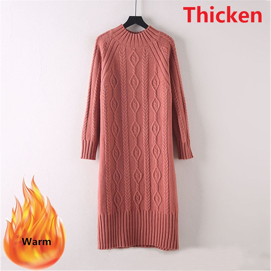 Winter Thicken Plus Velvet Sweater Dress Women's Fall Mock Neck Rib Knit Bottoming Dresses Elegant Warm Vestido Midi With Coats