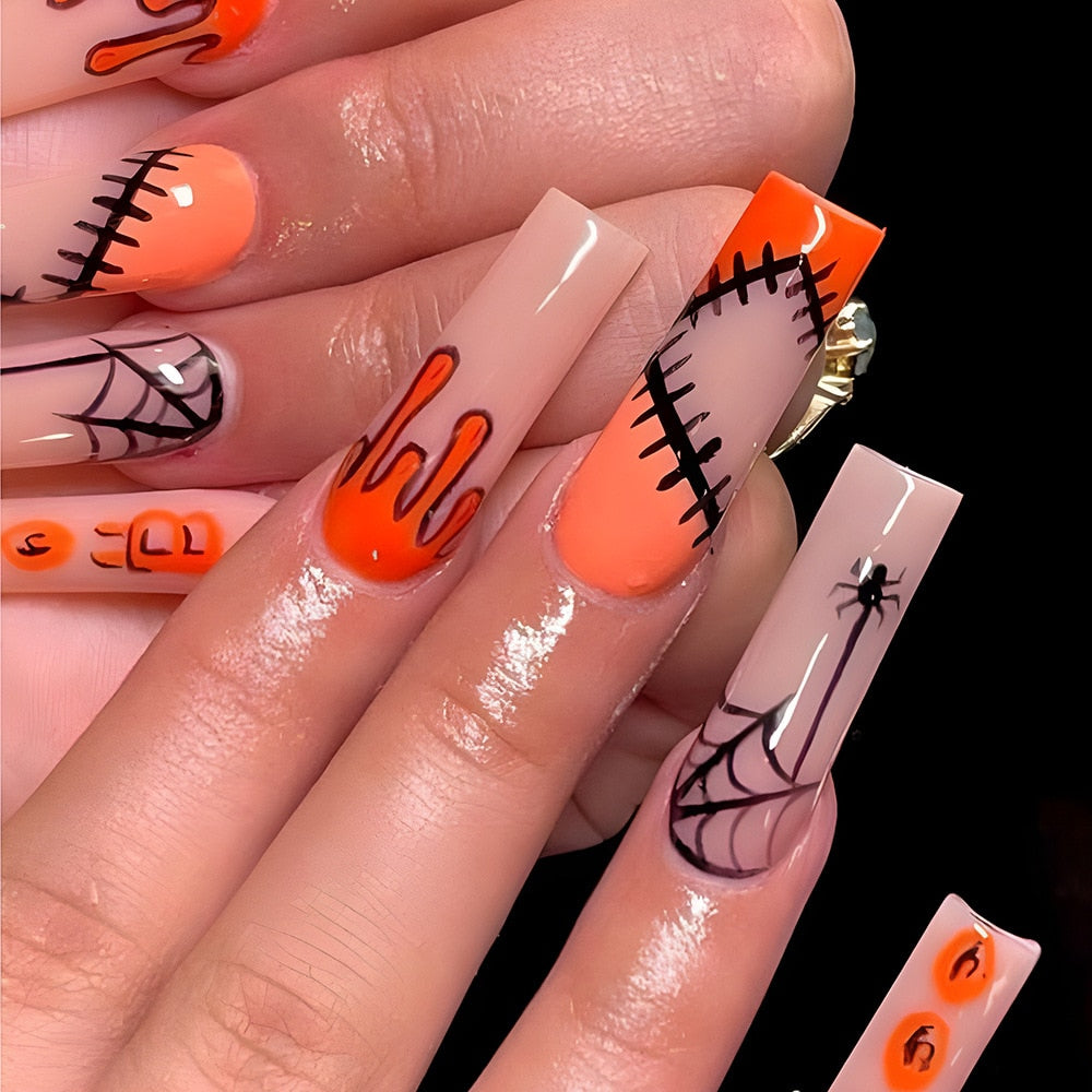 New Halloween Fake Nails Patch Black Almond/Coffin Head Artificial Nail Tips Pumpkin Spider Ghost Printed Press on Nail for Girl Spain Z5