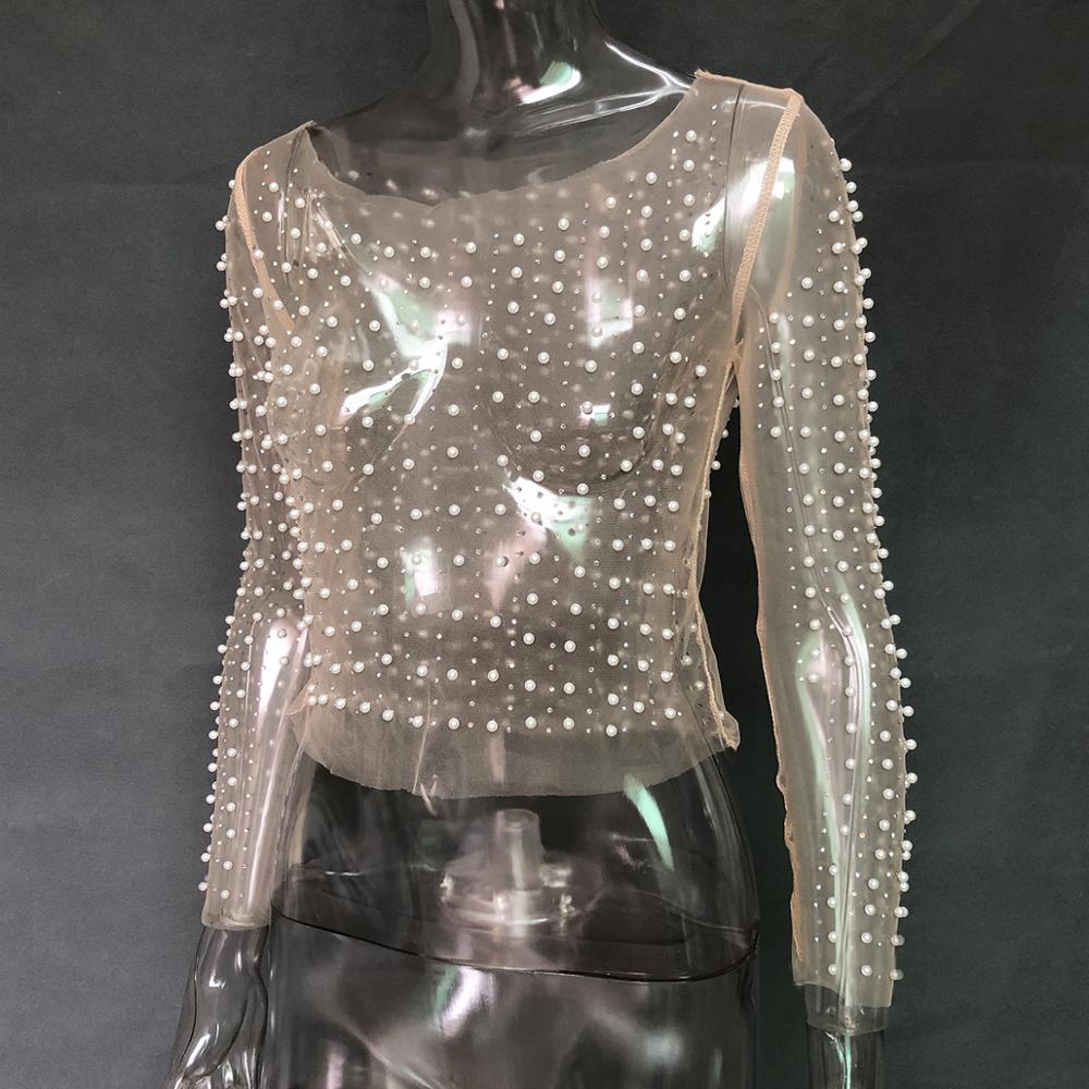 Sexy See Through T Shirt Women Mesh Patchwork Diamonds Pearl Slim T-Shirts Elegant Crop Tops Female 2023 Spring Clothes Skin color