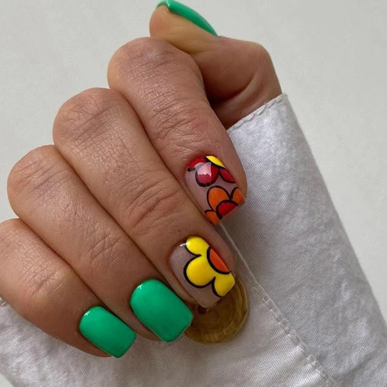 Summer New Square False Nails French Fake Nails With Flower Pattern Designs False Nails Full Cover Detachable Press on Nail Tips 13