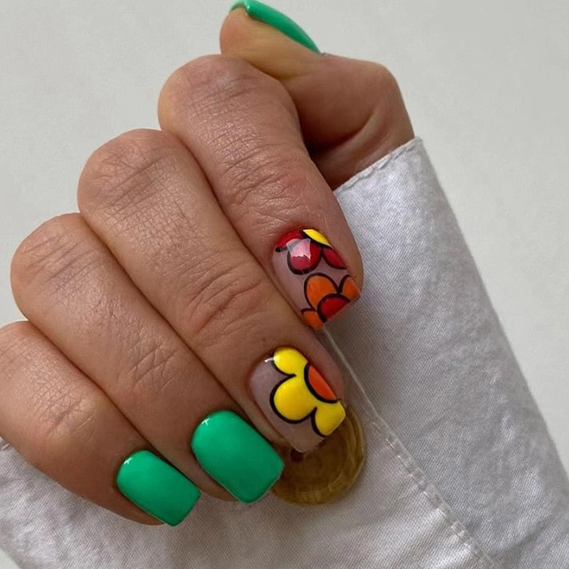 Summer New Square False Nails French Fake Nails With Flower Pattern Designs False Nails Full Cover Detachable Press on Nail Tips 13