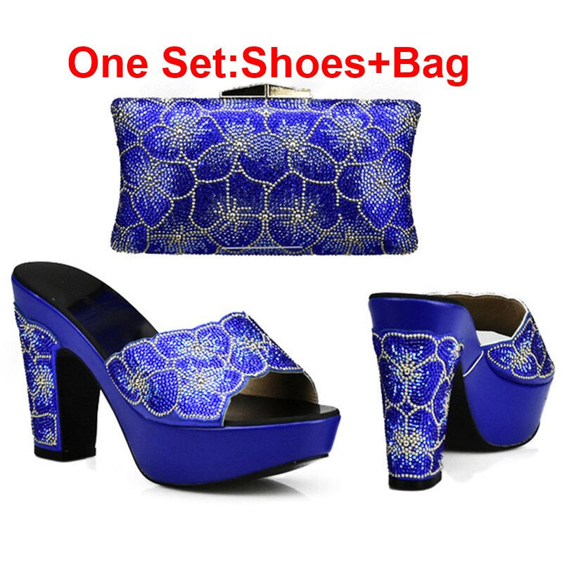 Latest Design Red Color Matching Women Shoes and Bag Set Decorated with Rhinestone African Shoe and Bag Set for Party In Women Blue Shoes and Bag