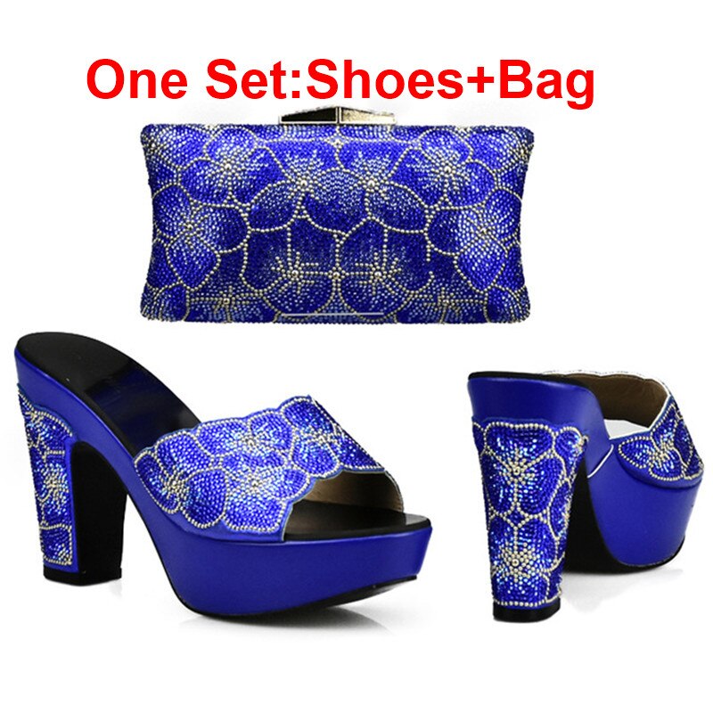 Latest Design Red Color Matching Women Shoes and Bag Set Decorated with Rhinestone African Shoe and Bag Set for Party In Women Blue Shoes and Bag