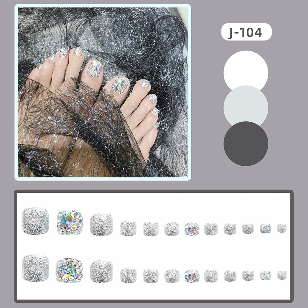 Summer Gold Full Diamond Feet Nails Press On Fake Glitter Toe Nail Stickers Full Cover Toe Nail Tips False Foot Nails