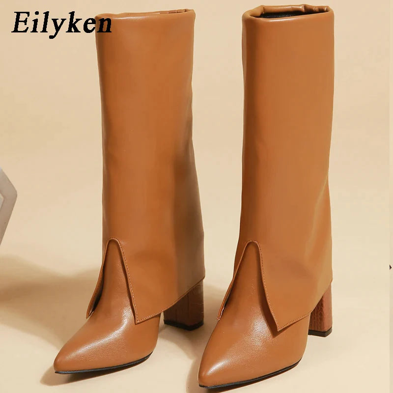 Eilyken New Chunky Heel Pointed Toe Women Long Knee High Boots Black Winter Shoes Female Chelsea Booties Size 35-42 Brown