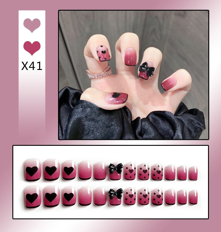 24PCS/Box Bowknot Rabbit Pattern Pearl Short Square Designer Fashion Design French Style Full Covering Pressed Fake Nails