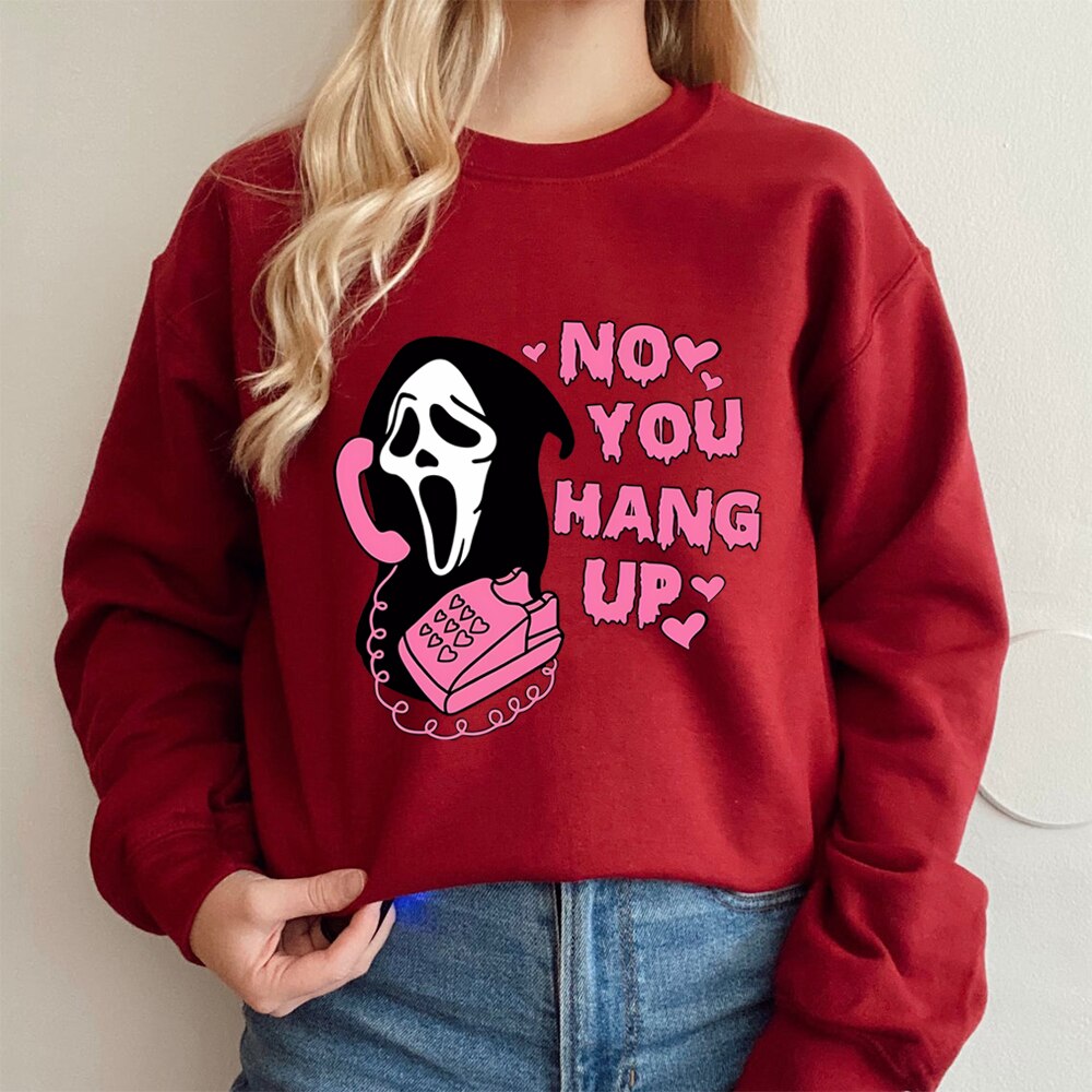 No You Hang Up Crewneck Sweatshirt Retro Scream Shirt Funny Horror Scream Sweater Horror Movie Halloween Tshirts Halloween Gift Wine Red