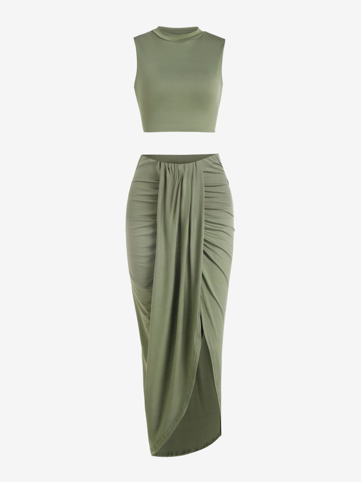 Women’s 2 Pieces Dress Set Sexy Sleeveless Crop Tank Side Slit Twist Skirt Bodycon Maxi Dresses Summer Green
