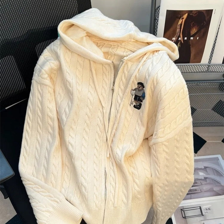 Vintage Hooded Loose Knitted Cardigan Long Sleeve Zipper Tops Retro Women Spring Fall Sweater Casual New Knitwears Gilet