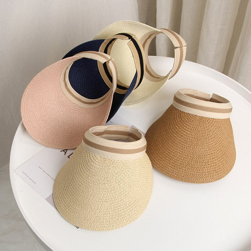 Summer Empty Top Sun Hat - Female Outdoor Visor Cap Casual Shade Hat Straw Wide Large Brim Beach Sunhat Lady