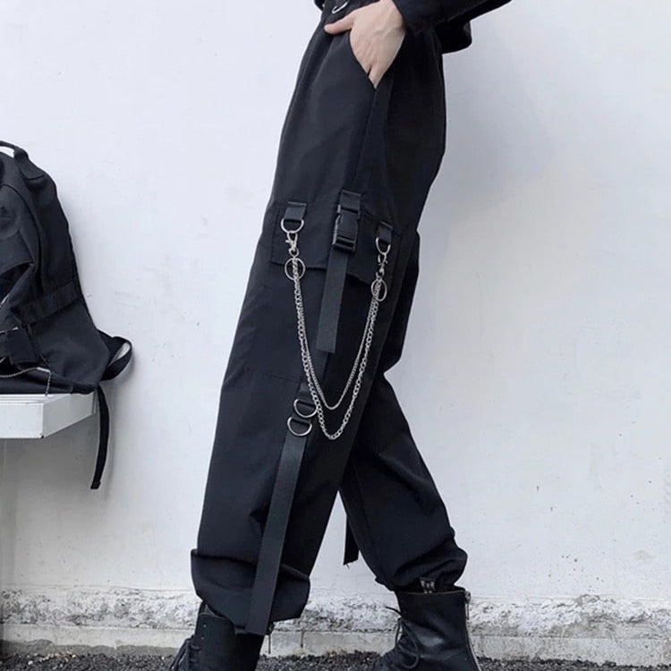 Women Cargo Pants Harem Pants Fashion Punk Pockets Jogger Trousers With Chain Harajuku Elastics High Waist Streetwear