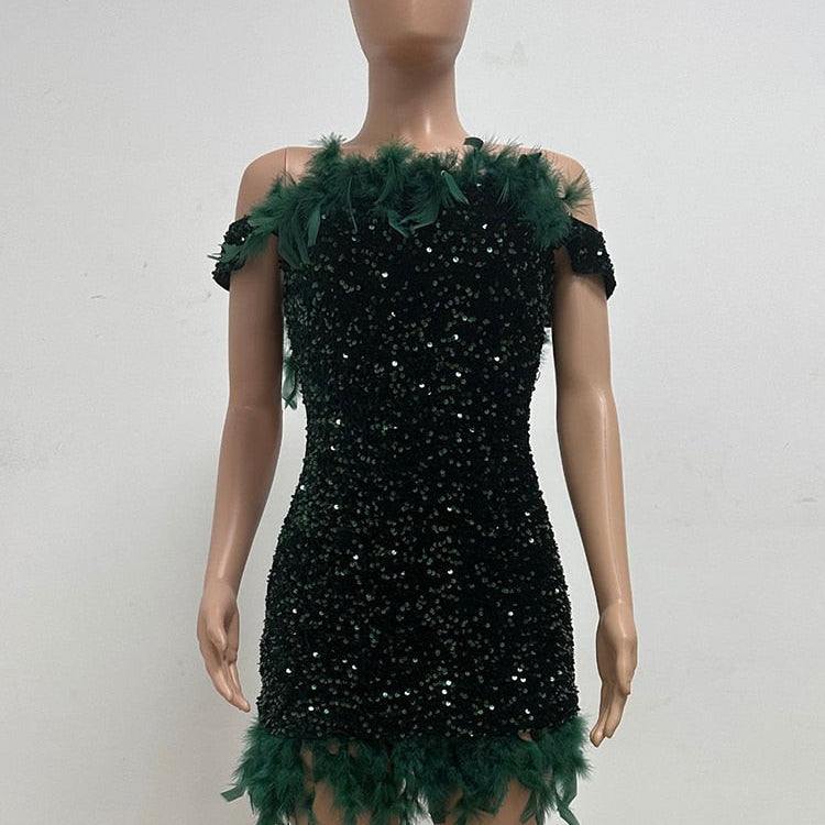 Luxury Feather Evening Mini Prom Sexy Off Shoulder Club Short Bodycon Dress Women Elegant Shiny Sequins Party Vestidos