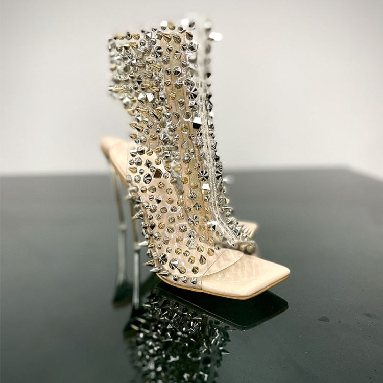 Brand Design New Crystal/rivet Zipper Sandals Stage Banquet Nightclub High Heels Women Shoes Apricot Silver Dress Matching BGJ-G651Apricot 10cm