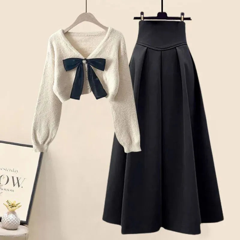 Spring Autumn in Matching Sets Women's Fashion Slim Bow Sweater+High Waist Skirt Two-piece Set Korean Chic Dress Suit Set 02