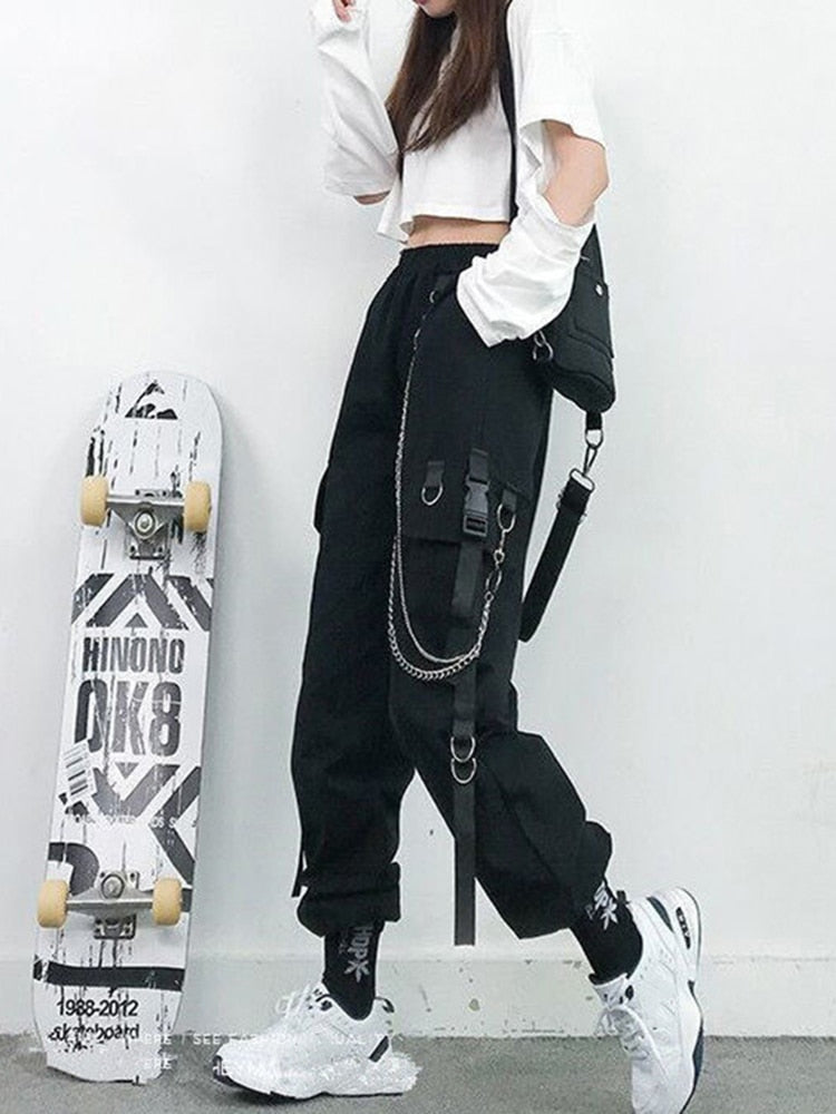 Women Cargo Pants Harem Pants Fashion Punk Pockets Jogger Trousers With Chain Harajuku Elastics High Waist Streetwear Black