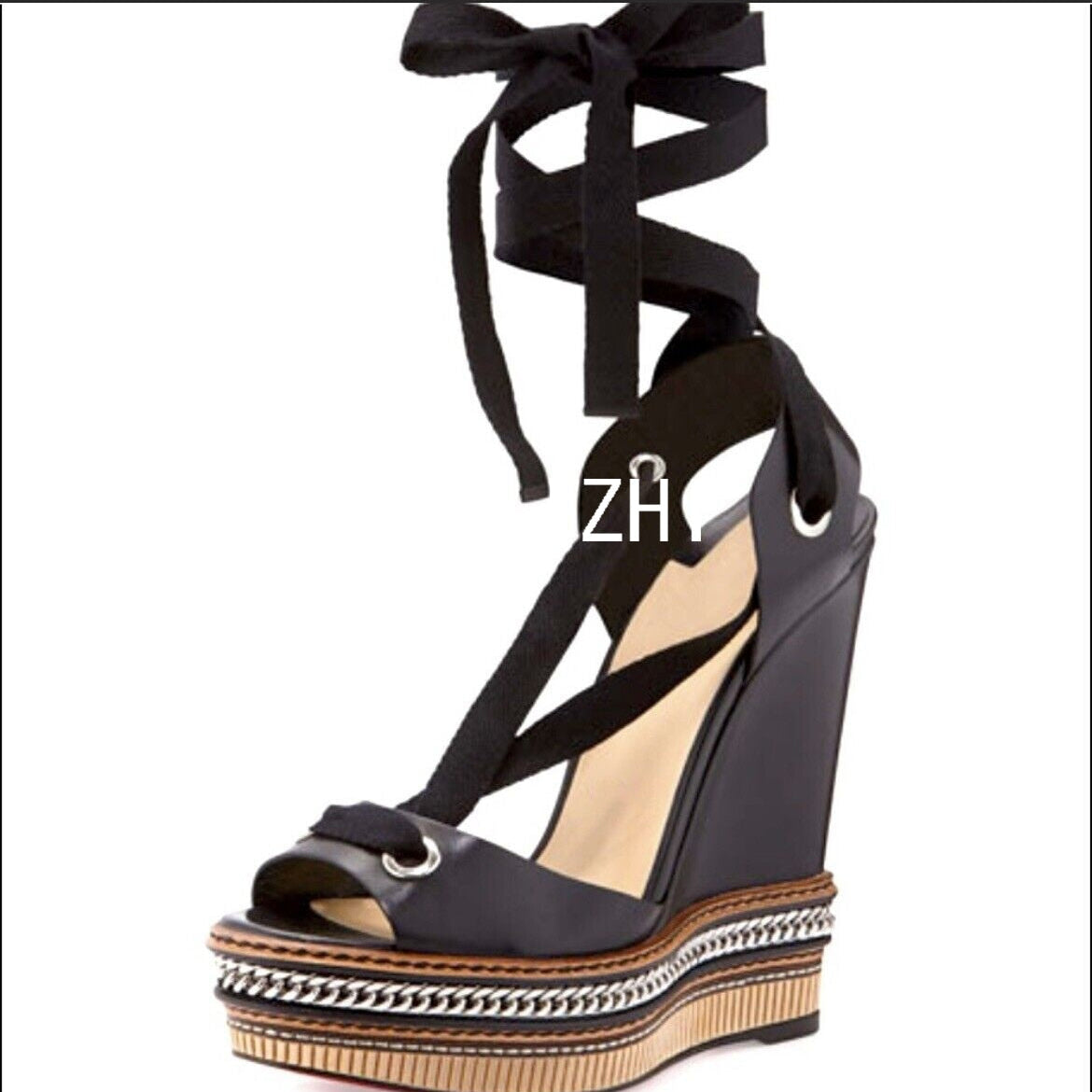 Wedge Metal Chain Strap Sexy Sandals Woman Peep Brown Leather Zipper Platform Heels Cover Open Suede Velvet Noble Shoes Summer 12.5cm 1