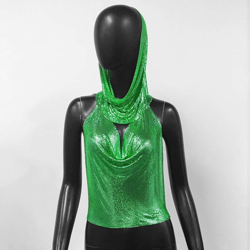 Women Metal Sequins Tank Top With Turban 2 Piece Sexy V Neck Backless Suspender Top Rave Festival Party Nightclub Camisole Green One Size