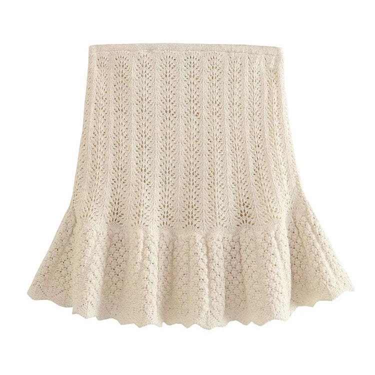 Y2K Hollow Out Knitted Women Summer 2 Piece Sets Thin Sleeveless Crop Top Female Ruffles Mini Skirt Suits