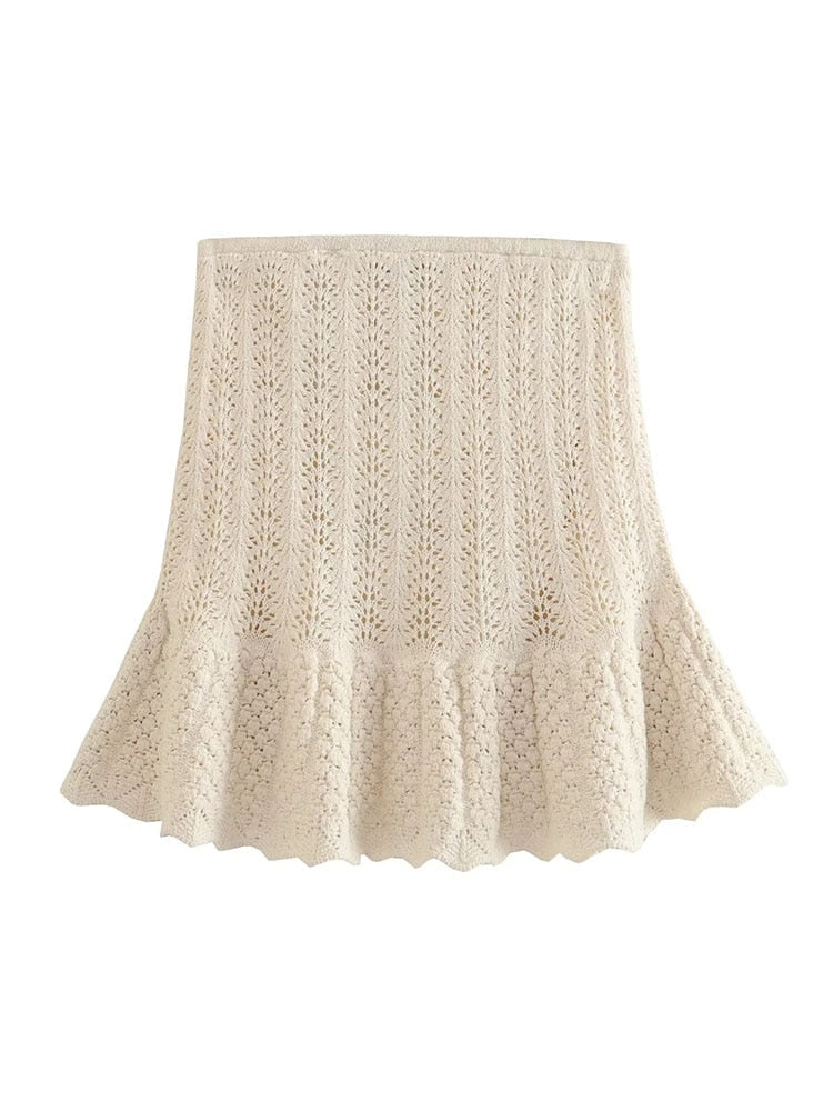 Y2K Hollow Out Knitted Women Summer 2 Piece Sets Thin Sleeveless Crop Top Female Ruffles Mini Skirt Suits