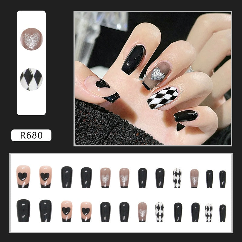 Y2k Fake Black Nail Long Ballet Reusable Adhesive Acrylic Press on set Nails Dark Acrylic Artificial False Nails Arts Tips 24pcs