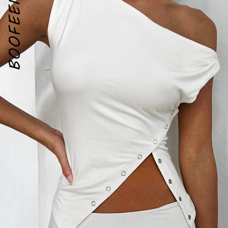 BOOFEENAA Asymmetrical Sleeveless T Shirt Button Split One Shoulder Cropped Tank Tops Womens Clothing Summer 2023 C85-CZ14