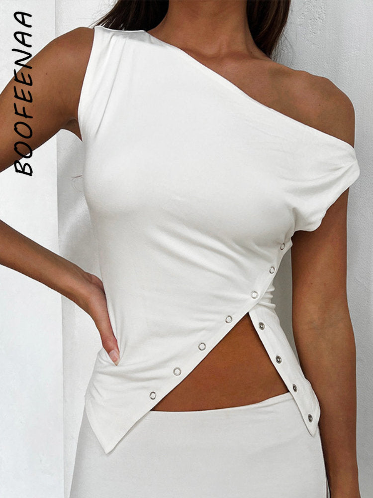 BOOFEENAA Asymmetrical Sleeveless T Shirt Button Split One Shoulder Cropped Tank Tops Womens Clothing Summer 2023 C85-CZ14