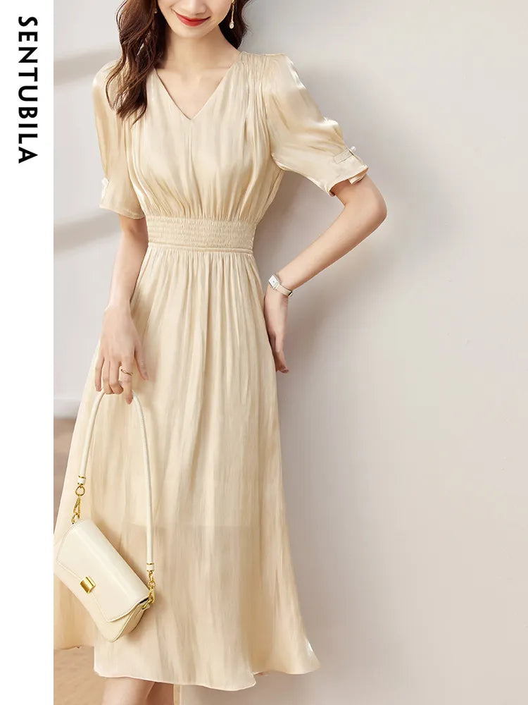 Vintage Elegant Dresses for Women Summer Fashion V-Neck Empire Puff Sleeves A-Line Long Dresses Women Clothing