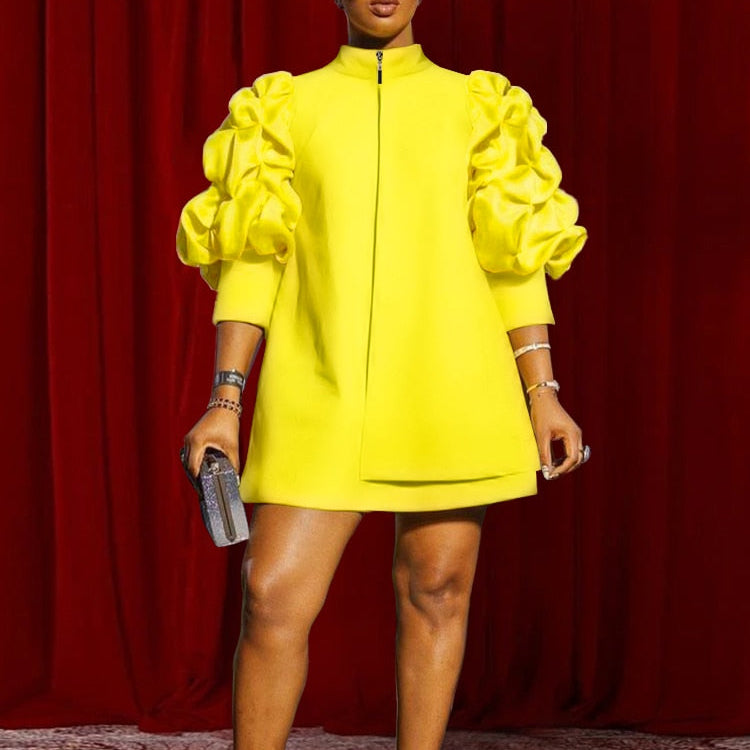 Trendy Fall Winter Mini Shift Dress Women High Neck Puff Sleeve Zipper Tunic Dress Retro Vintage Party Club Events Wear 4XL Yellow