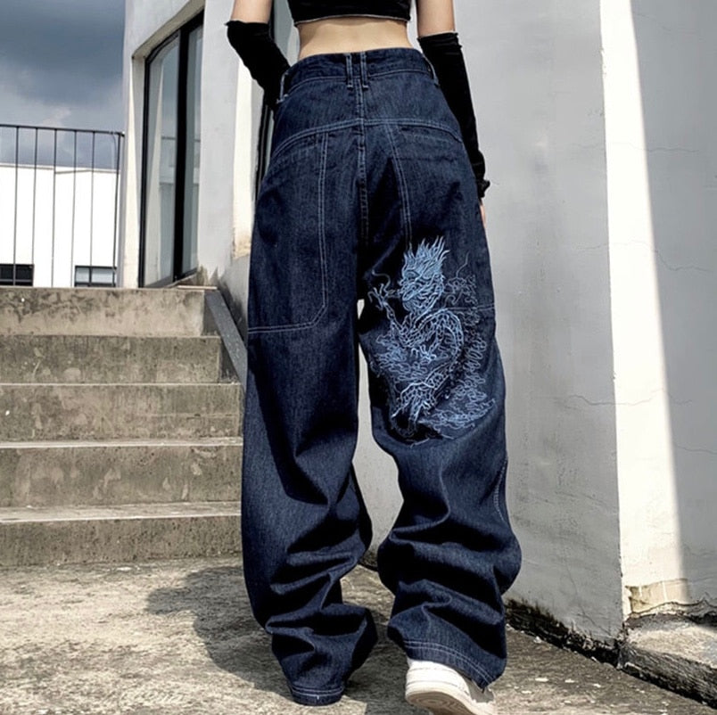 Pocket Solid Color Overalls Jeans Women's Y2K Street Retro Loose Wide-Leg Overalls Couple Casual Joker Mopping Jeans Pants Women