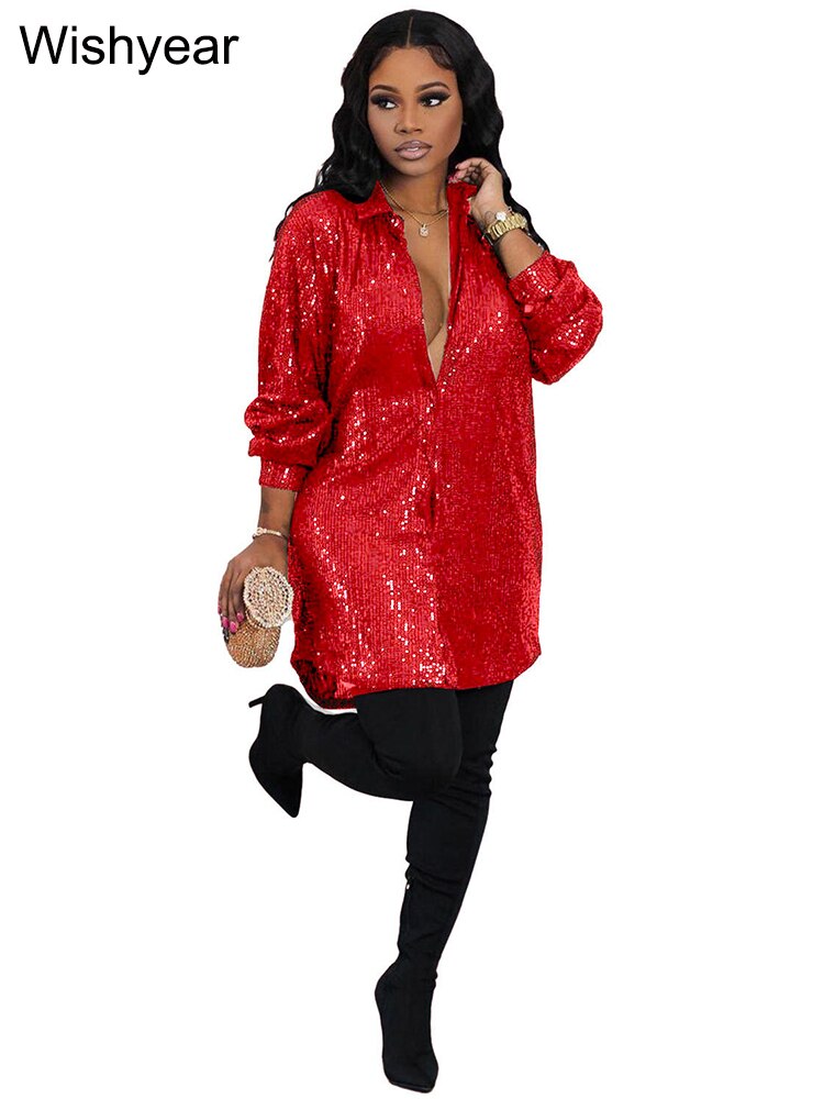 Elegant Evening Party Short Shirt Dress for Women Outfit Luxury Sequin Long Sleeve Spring Fall Birthday Club Dresses Vestidos Red