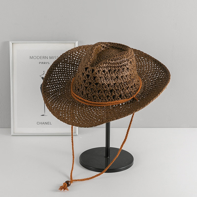 Cowboy hat fashion hollow handmade cowboy straw hat men's summer outdoor travel beach hat unisex solid color western cowboy hat 15 M55-58cm