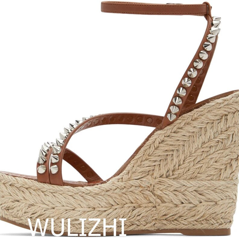 Women's Candy Color Rivet Design Wedge Sandals Summer Casual Open Slingback Platform Pink Yellow Sandals Cross Wrap Buckle Shoes as picture 3