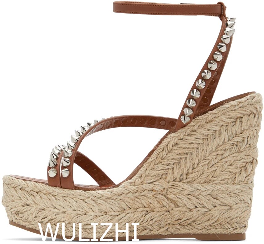 Women's Candy Color Rivet Design Wedge Sandals Summer Casual Open Slingback Platform Pink Yellow Sandals Cross Wrap Buckle Shoes as picture 3