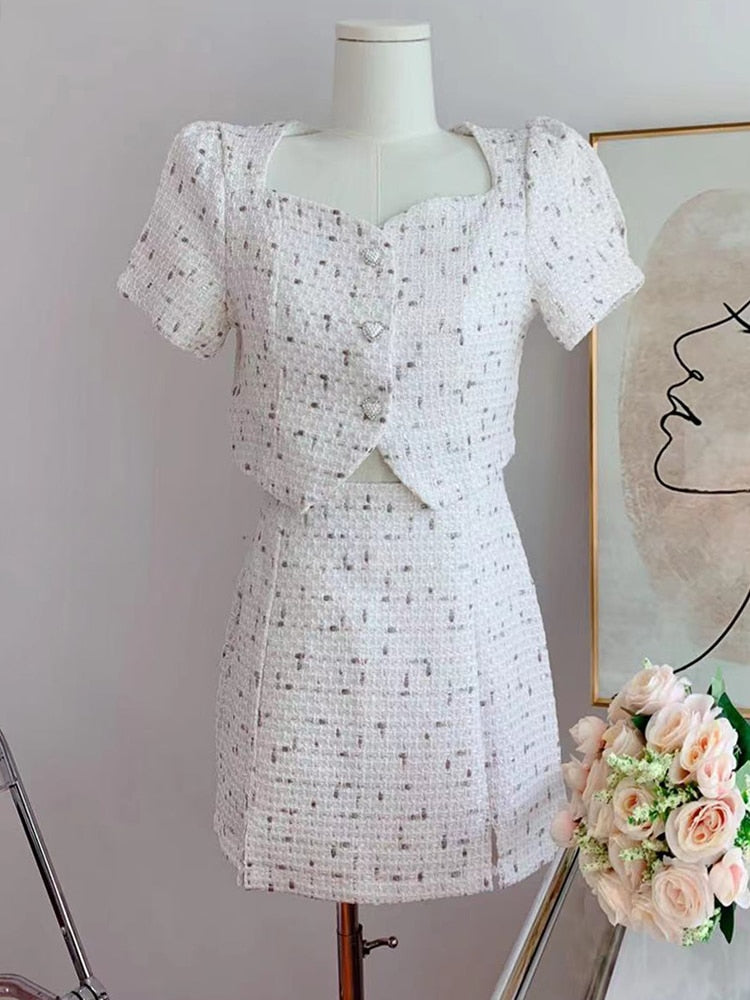 Small Fragrant Skirt Suit Tweed Short Coat Puff Sleeve Two Piece Set Female Summer Fashion Skirt for Women Korea Fashion