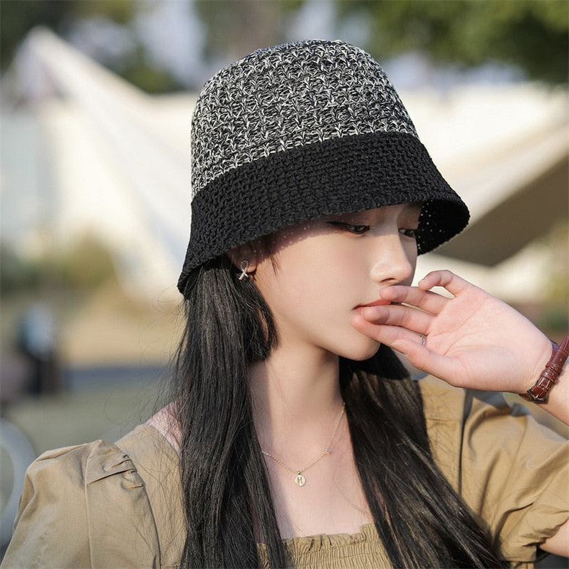 Sunscreen Hat Women's Net Red ins Korean Bucket Hat Hollow out Fisherman Basin Hat Outdoor Knitted Sun Shield Hat 8 55-58CM