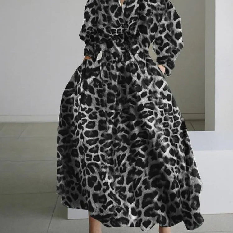 S-5XL Korean Fashion Long Sleeve Shirt Dress Chic Turndown Neck Ruched Maxi Dress Women Autumn Winter Clothes Streetwear Black Leopard