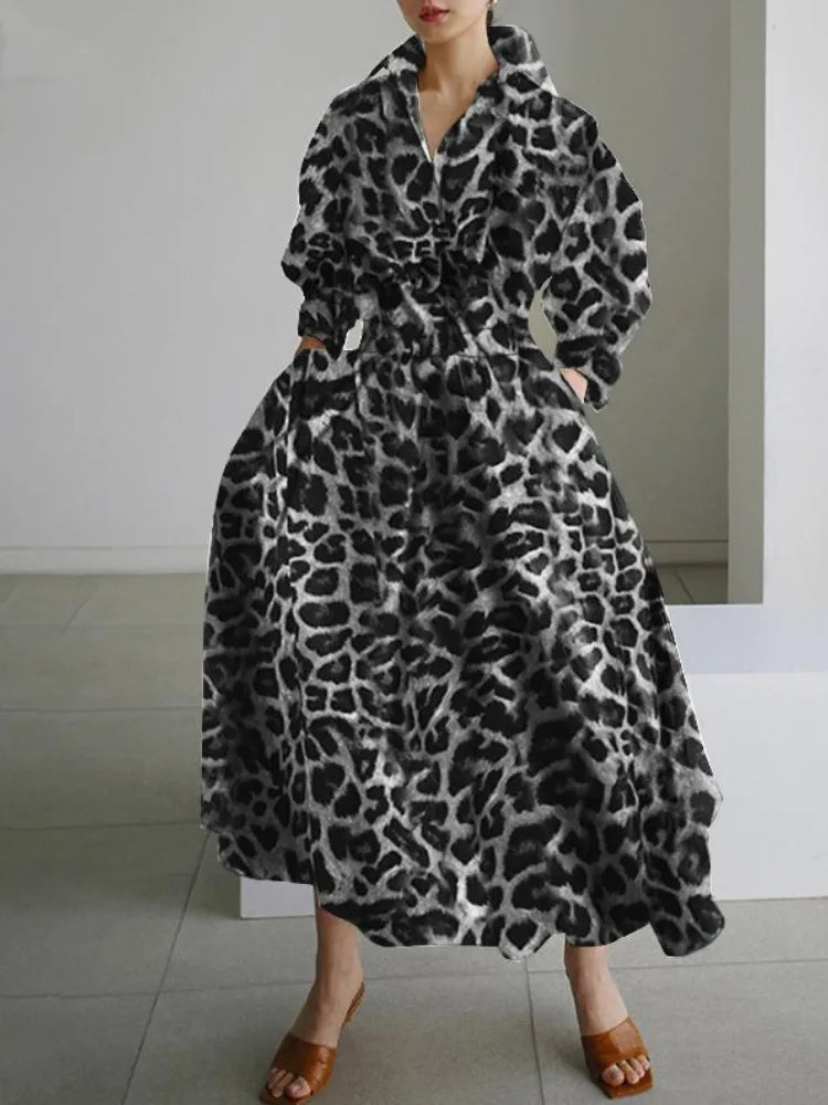S-5XL Korean Fashion Long Sleeve Shirt Dress Chic Turndown Neck Ruched Maxi Dress Women Autumn Winter Clothes Streetwear Black Leopard