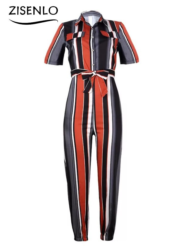 Overalls for Women New Casual Lapel Lace-up Print Belt Work Jumpsuit Women One Pieces Bodysuit Women Chic and Elegant Jumpsuits