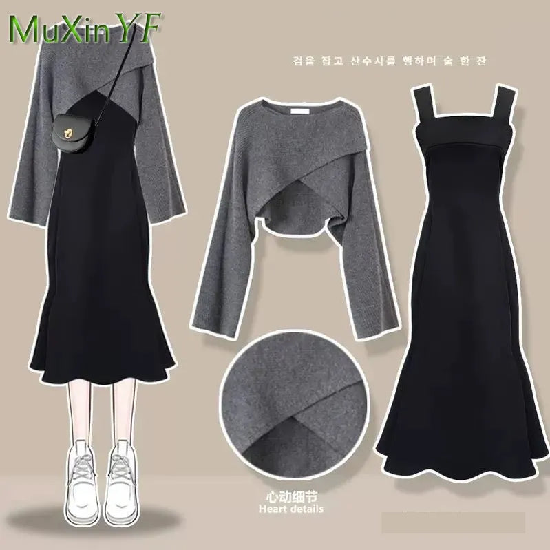 Women's Fashion Dress Matching Set Autumn Winter New Chic Knitted Sweater Sling Skirt Two Piece Korean Elegant Clothes Suit