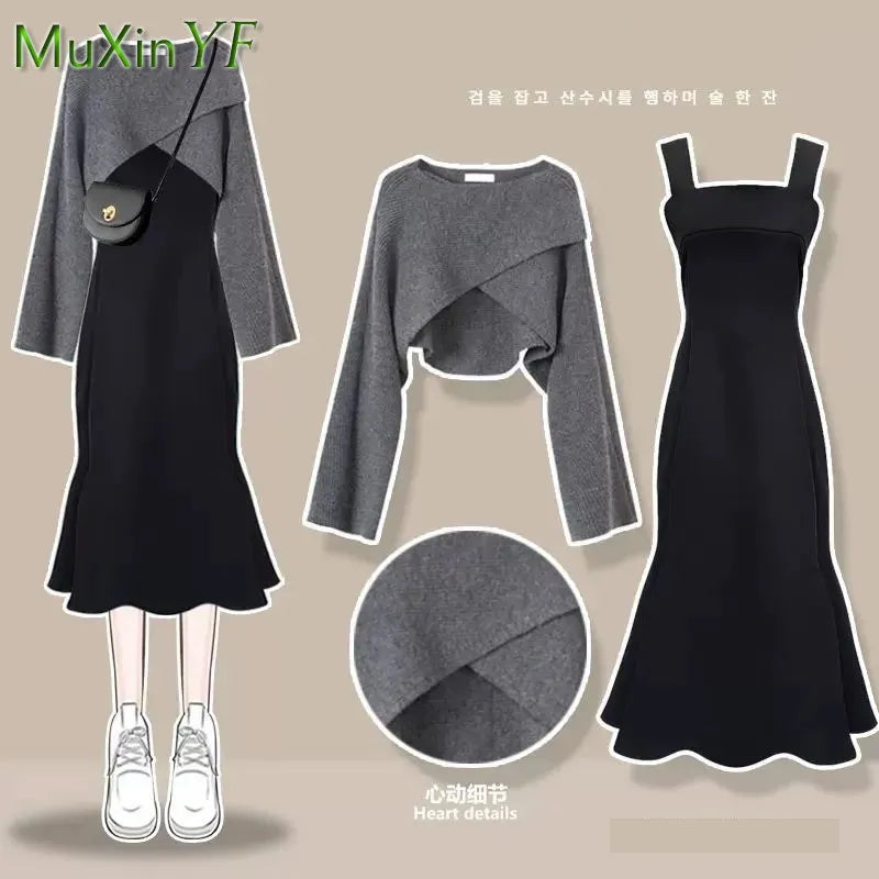Women's Fashion Dress Matching Set Autumn Winter New Chic Knitted Sweater Sling Skirt Two Piece Korean Elegant Clothes Suit
