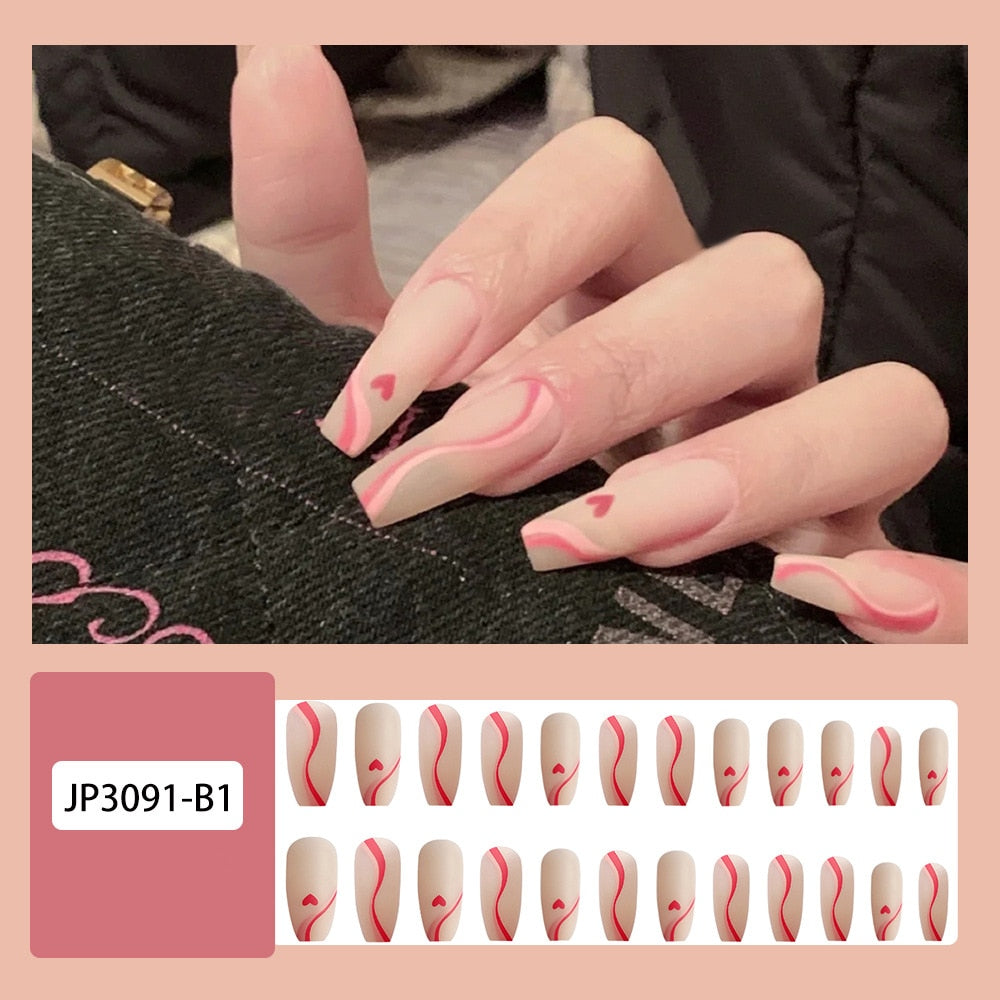 Sea Wave Carp Japanese Style Doodle False Nails Detachable Nude Pink Long Coffin Fake Nails with Glue Full Cover Press on Nails