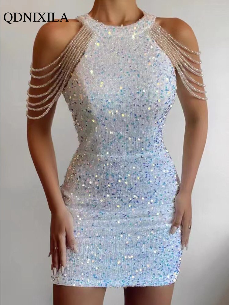 Summer New In Fashion Women's Dress Sequined Luxury Party Short Dresses Chic and Elegant Sexy Crystal Tassel Evening Dress