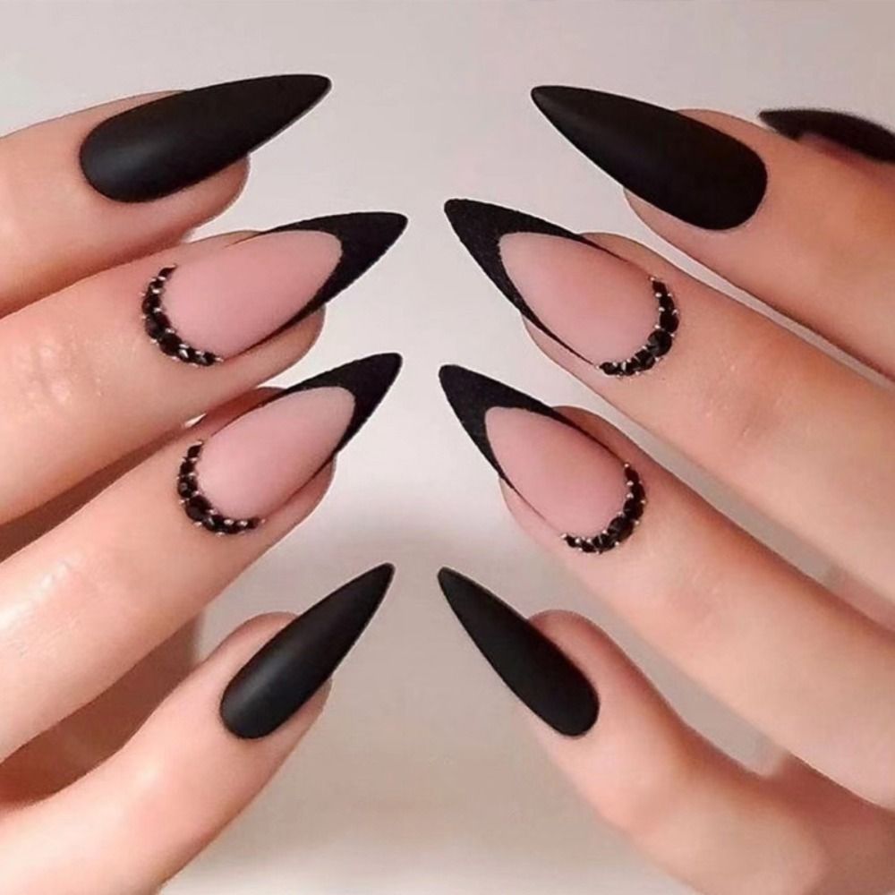 Long Stiletto False Nails Black Edge French Gold Thread Black Rhinestones Design Wearable Fake Nails Press On Nails Manicure Tip b2