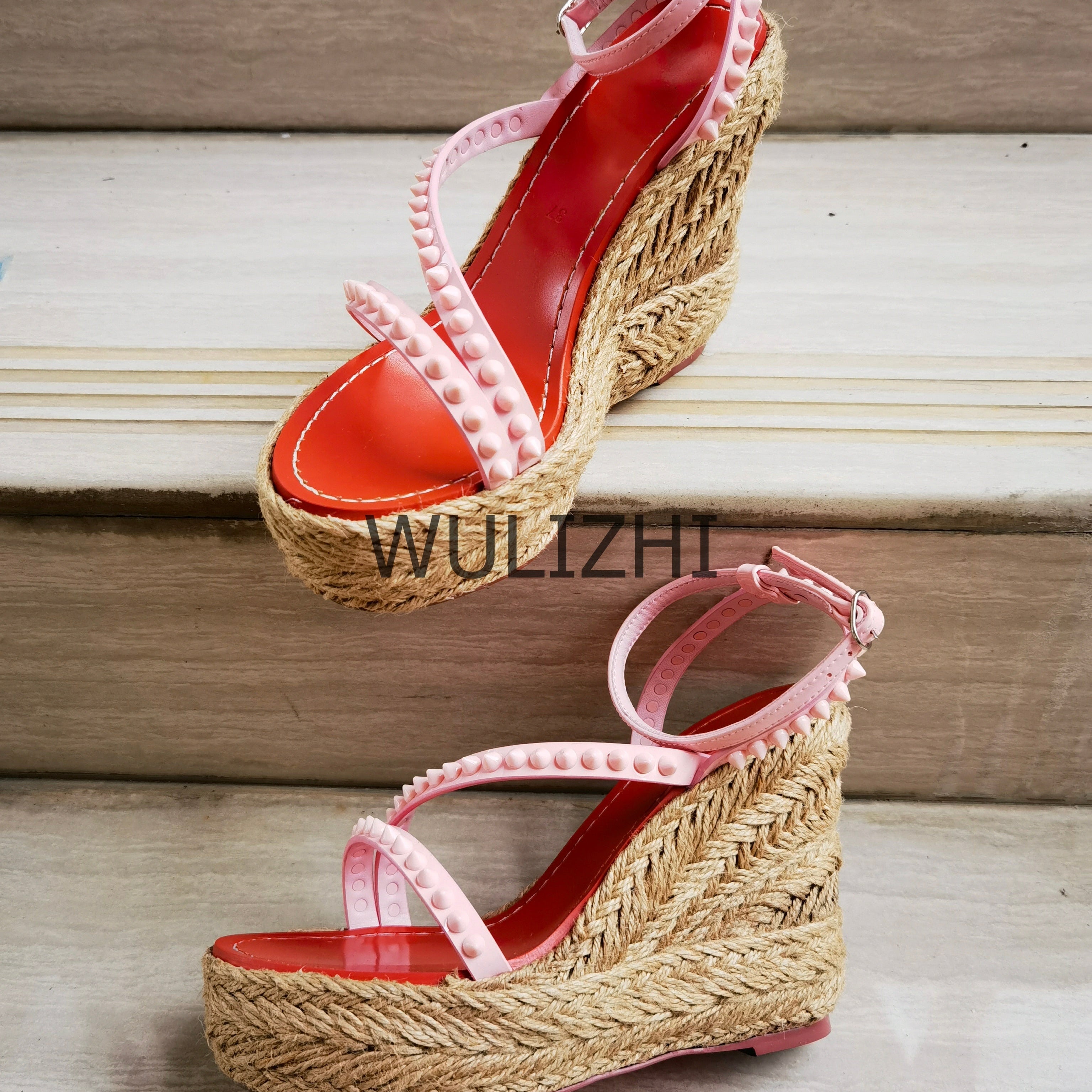 Women's Candy Color Rivet Design Wedge Sandals Summer Casual Open Slingback Platform Pink Yellow Sandals Cross Wrap Buckle Shoes