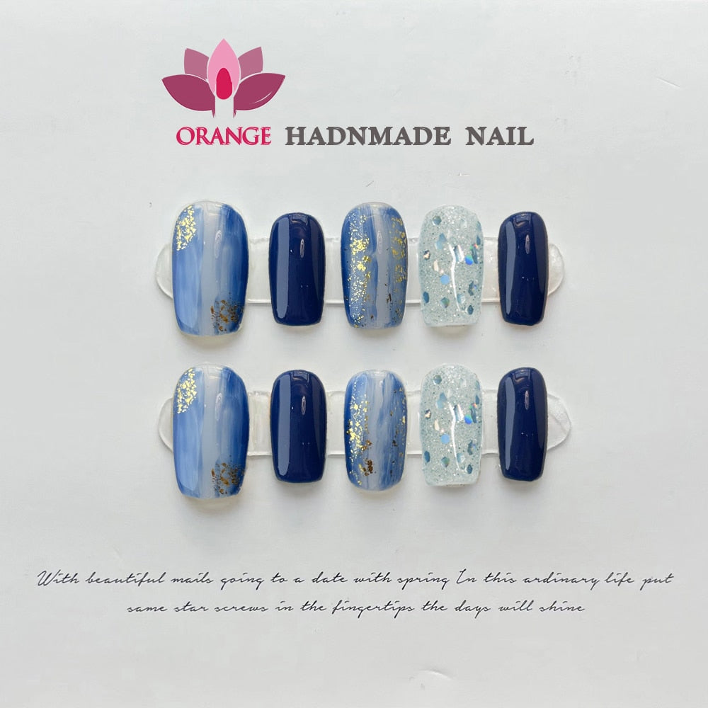 Handmade Oval Press On Nails With Design Reusable Glitter Fake Nails Full Cover Artificial Manicuree Wearable Orange Nail Store Spain