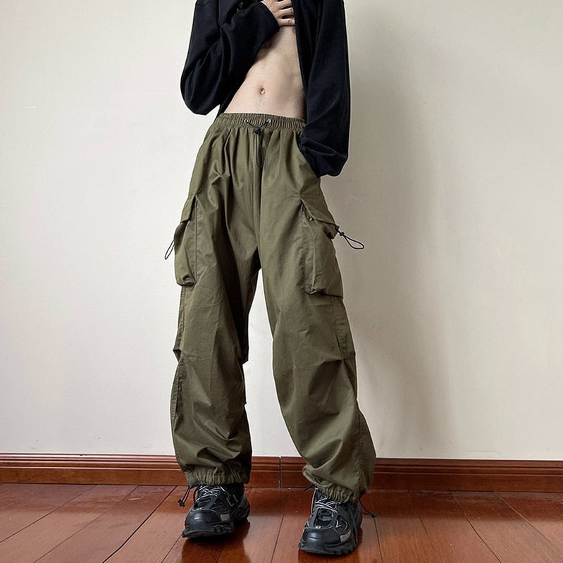 Women Casual Joggers Tech Pants Vintage Solid Low Waist Drawstring Baggy Trousers Y2K Wide Leg Sweatpants Streetwear Cargo Pants EA01132-Army green