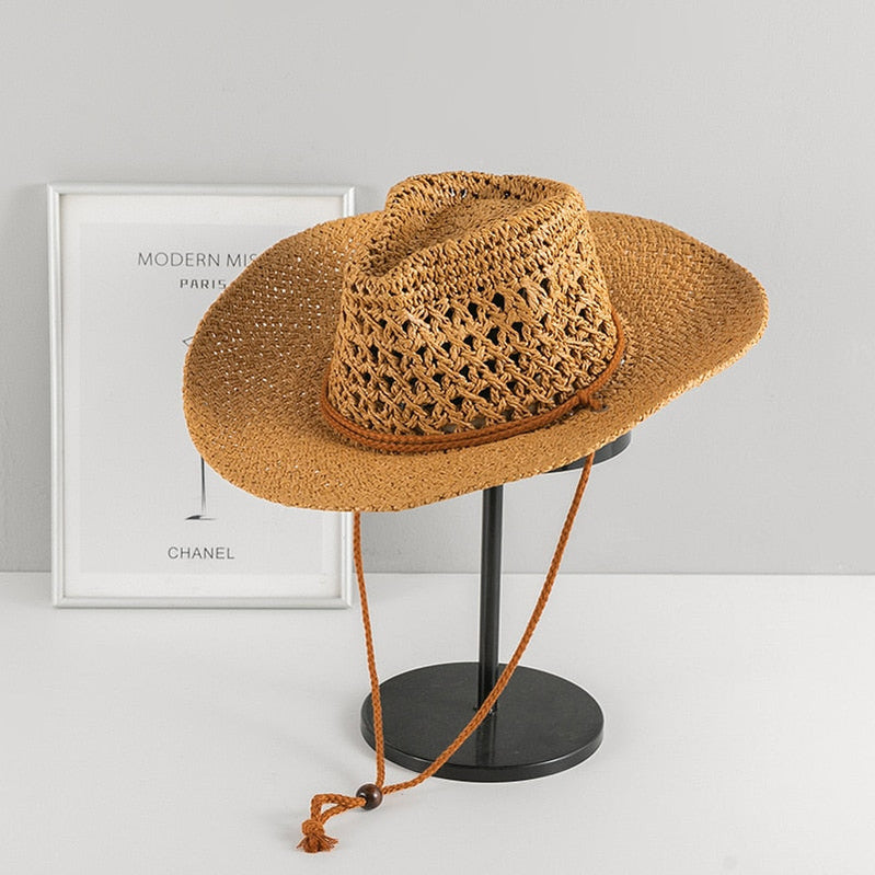 Cowboy hat fashion hollow handmade cowboy straw hat men's summer outdoor travel beach hat unisex solid color western cowboy hat 13 M55-58cm