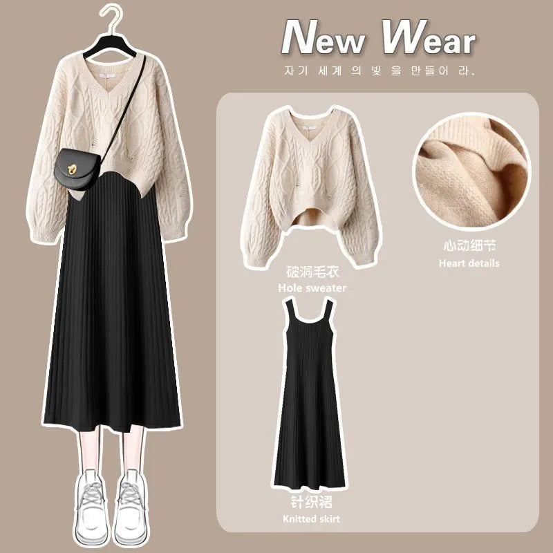 Women's Autumn Winter New Fashion V-Neck Sweater Knitted Dress Two Piece Korean Elegant Top Skirt Matching Set Female Suit Set 05