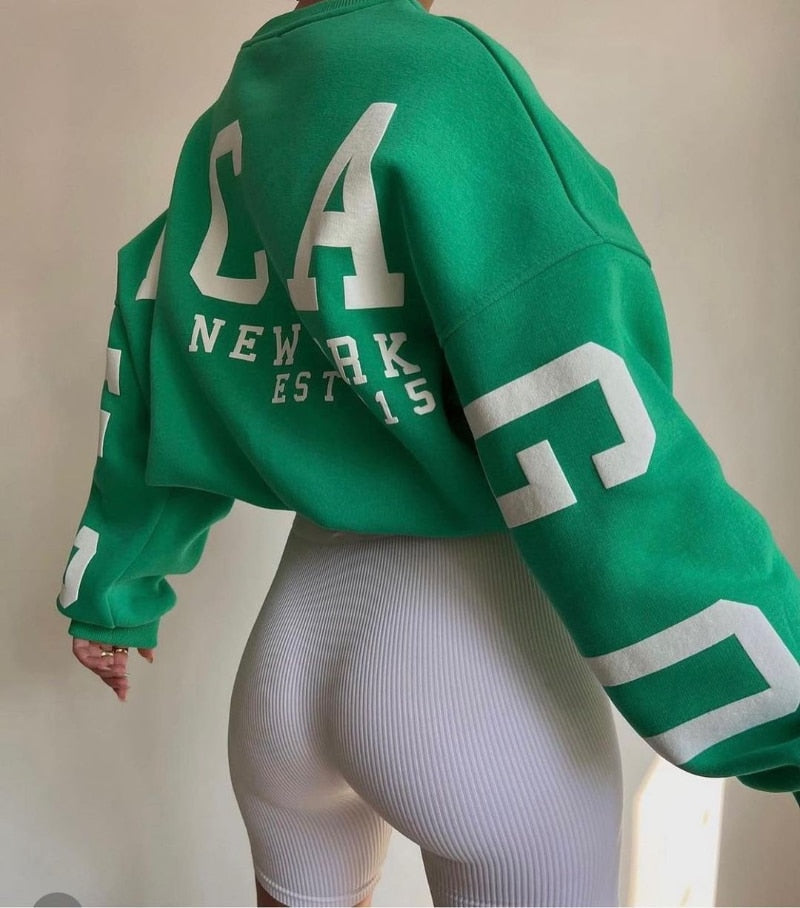 Women Casual Sweatshirts Fashion Letters Print O Neck Long Sleeve Pullovers Tops Vintage Loose Autumn Y2k Hoodies Streetwear